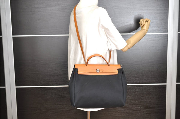 Authentic HERMES Her Bag PM & PM 2Way Shoulder Hand Bag Black Beige 5751I