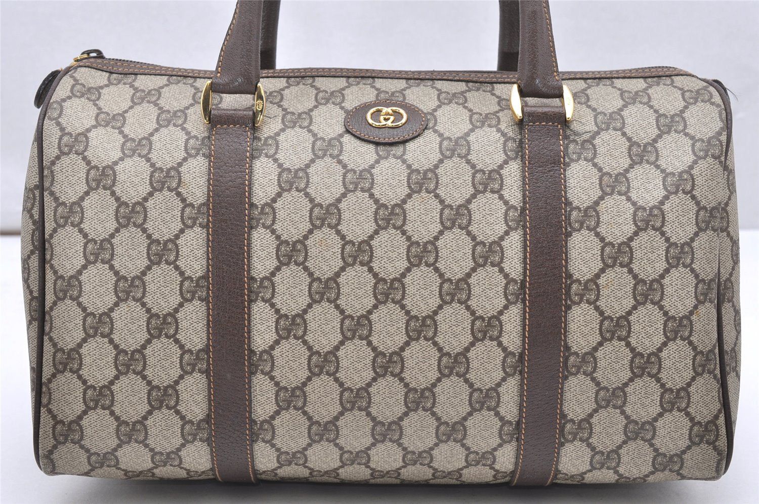 Authentic GUCCI Vintage Hand Boston Bag Purse GG PVC Leather Brown Junk 5752K