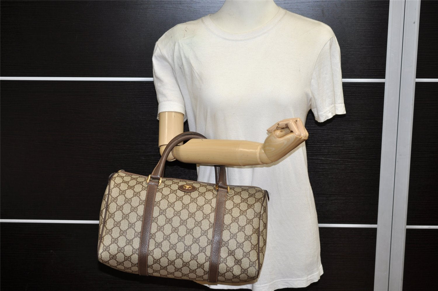 Authentic GUCCI Vintage Hand Boston Bag Purse GG PVC Leather Brown Junk 5752K