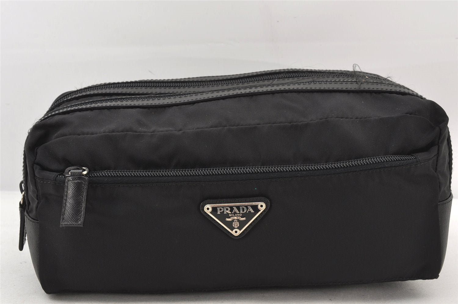 Authentic PRADA Nylon Tessuto Saffiano Leather Clutch Hand Bag Purse Black 5753K