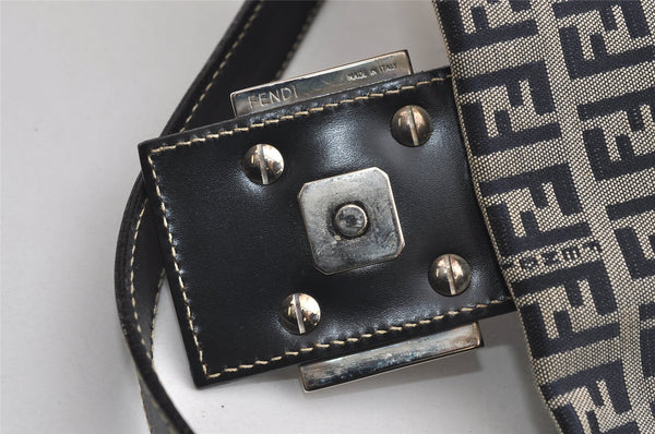 Authentic FENDI Zucchino Mamma Baguette Shoulder Bag Canvas Leather Navy 5755I