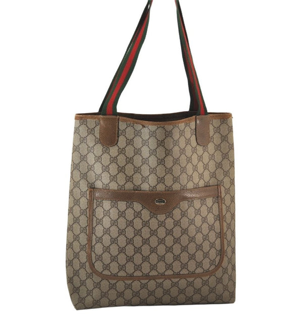 Authentic GUCCI Web Sherry Line Shoulder Tote Bag GG PVC Leather Brown 5766K