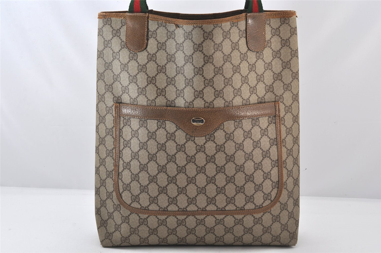 Authentic GUCCI Web Sherry Line Shoulder Tote Bag GG PVC Leather Brown 5766K