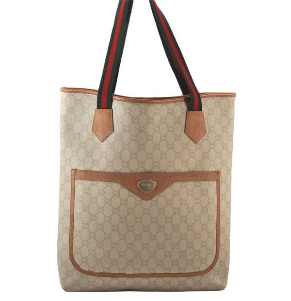 Authentic GUCCI Web Sherry Line GG Plus Tote Bag PVC Leather White 5768K