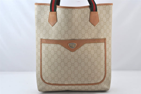 Authentic GUCCI Web Sherry Line GG Plus Tote Bag PVC Leather White 5768K