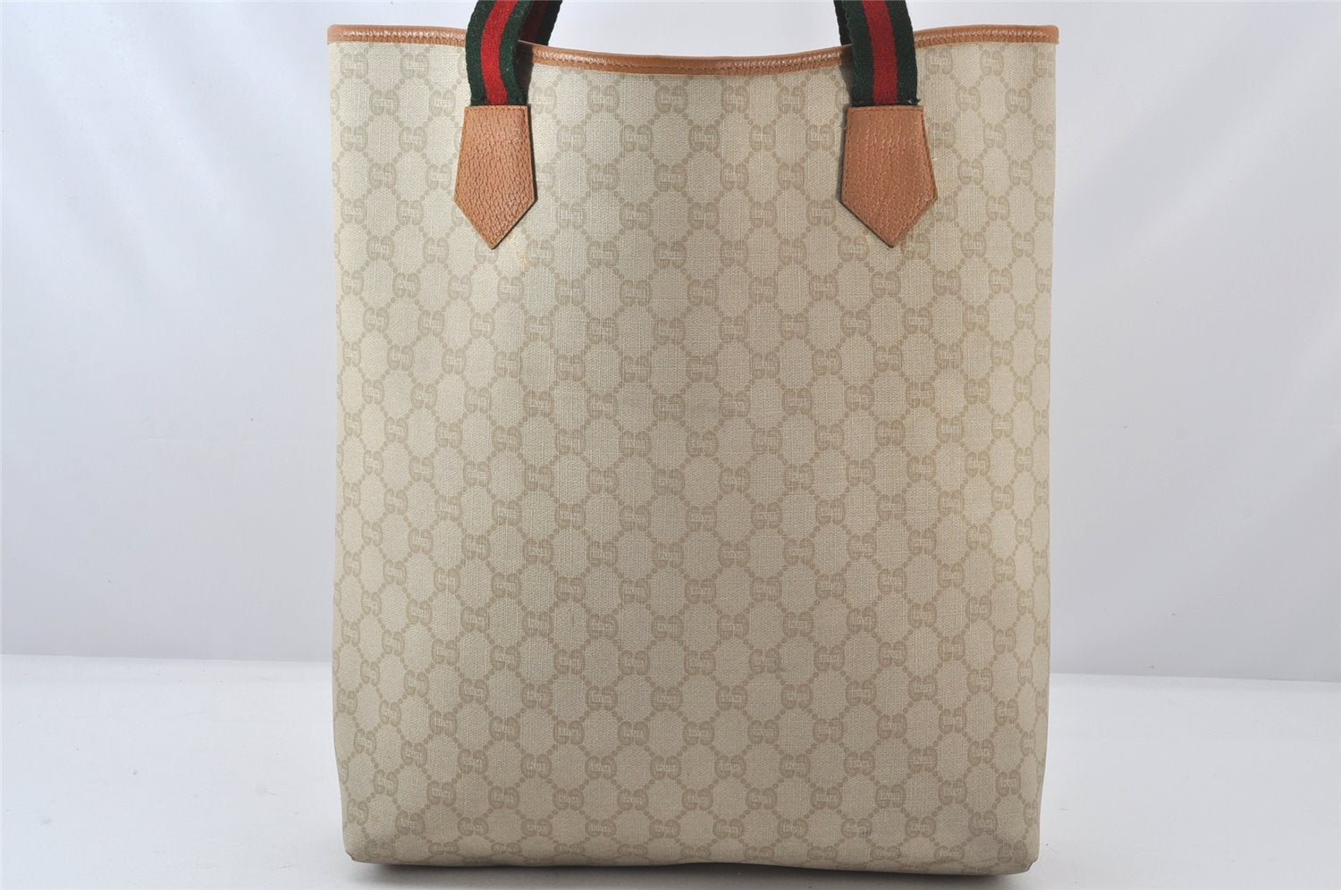 Authentic GUCCI Web Sherry Line GG Plus Tote Bag PVC Leather White 5768K