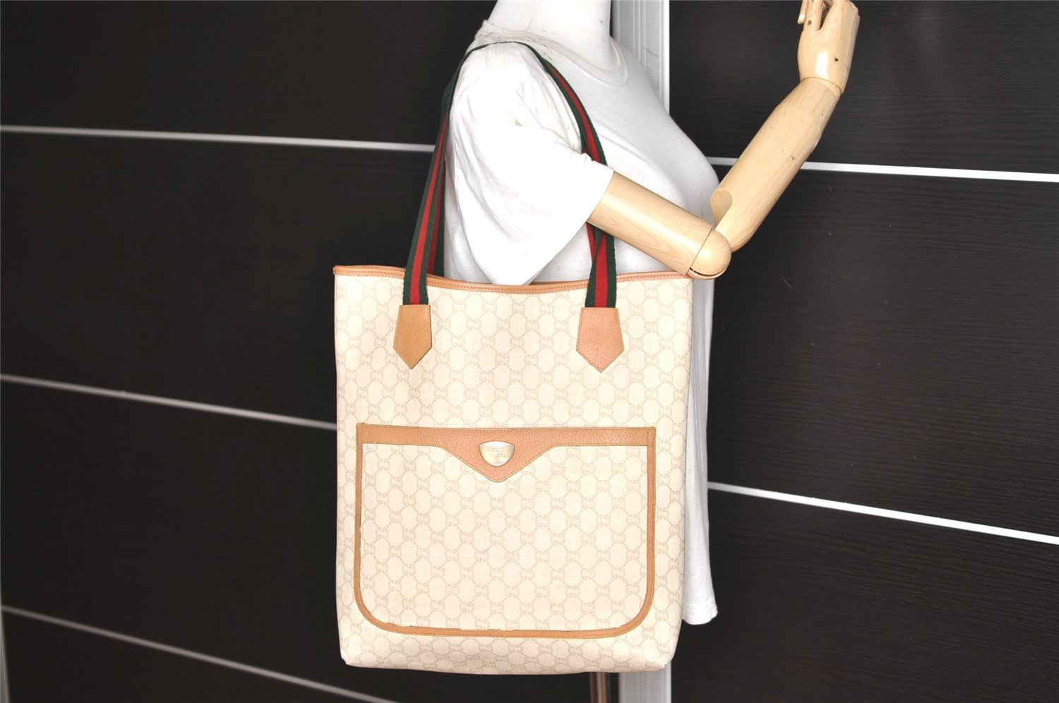 Authentic GUCCI Web Sherry Line GG Plus Tote Bag PVC Leather White 5768K