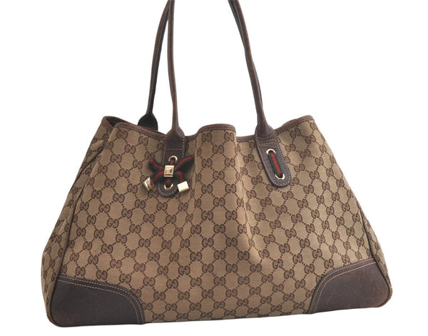 Auth GUCCI Web Sherry Line Princy Ribbon Tote Bag GG Canvas 161719 Brown 5773K