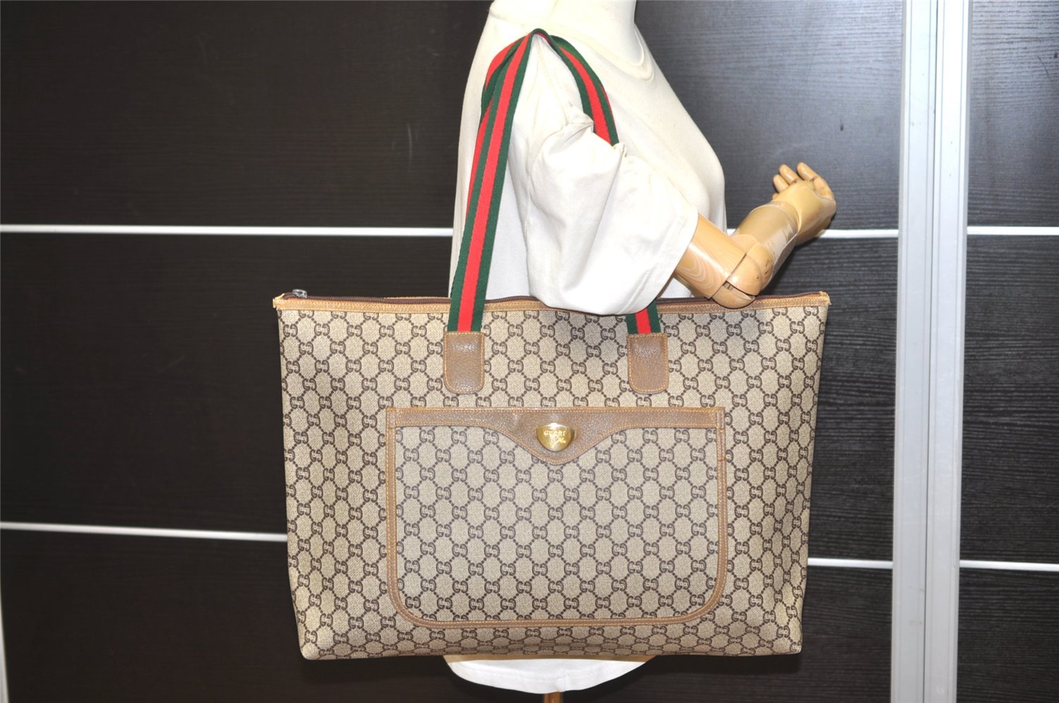 Authentic GUCCI Web Sherry Line GG Plus Tote Bag PVC Leather Brown Junk 5785I