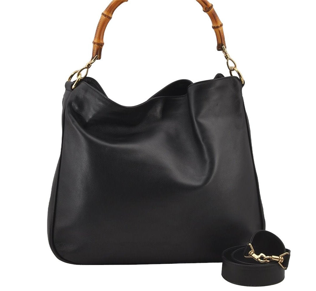 Authentic GUCCI Bamboo 2Way Shoulder Tote Bag Leather 0011577 Black 5792J