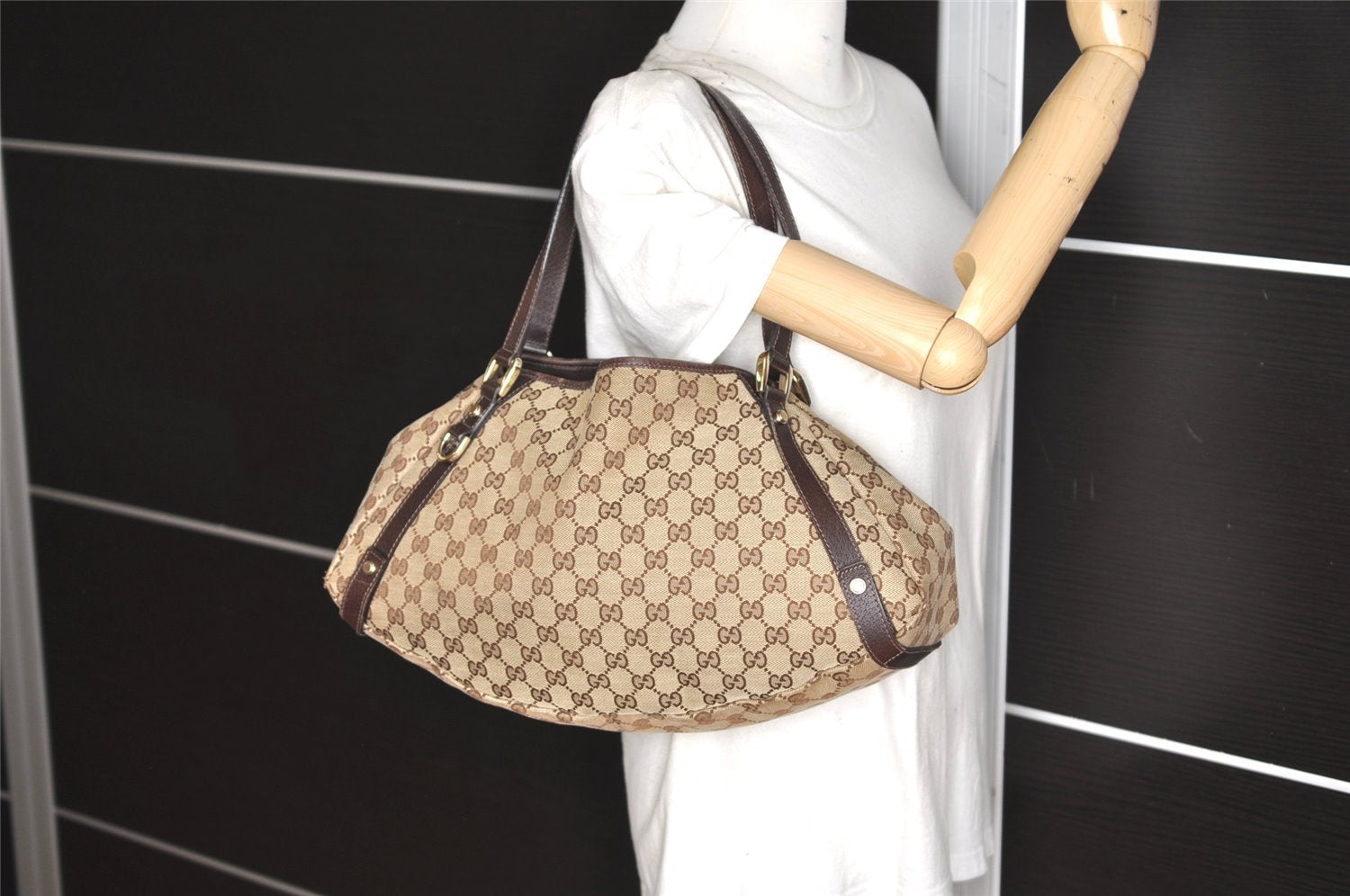 Authentic GUCCI Abbey Shoulder Tote Bag GG Canvas Leather 130736 Brown 5796K