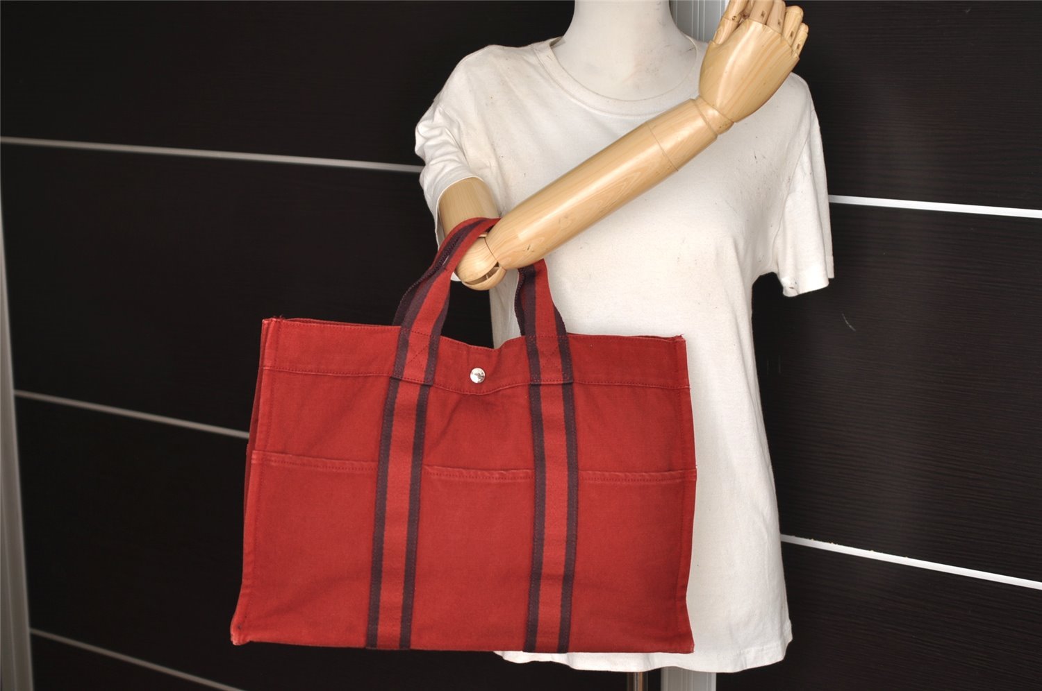 Authentic HERMES Vintage Fourre Tout MM Hand Tote Bag Canvas Red 5799J