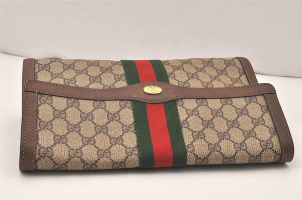 Authentic GUCCI Web Sherry Line Clutch Hand Bag GG PVC Leather Brown Junk 5802K