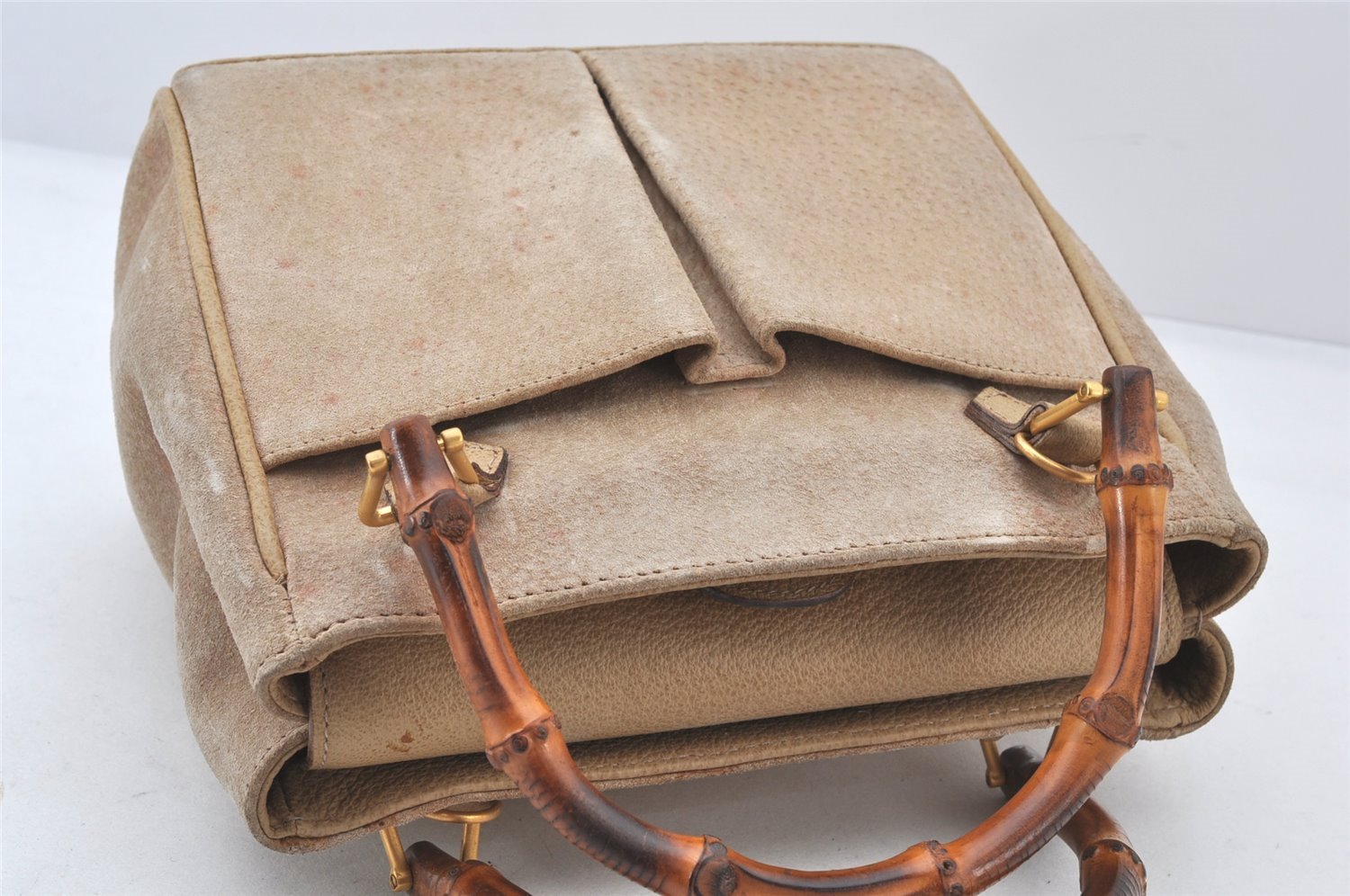 Authentic GUCCI Bamboo 2Way Shoulder Hand Bag Purse Suede Leather Beige 5803K