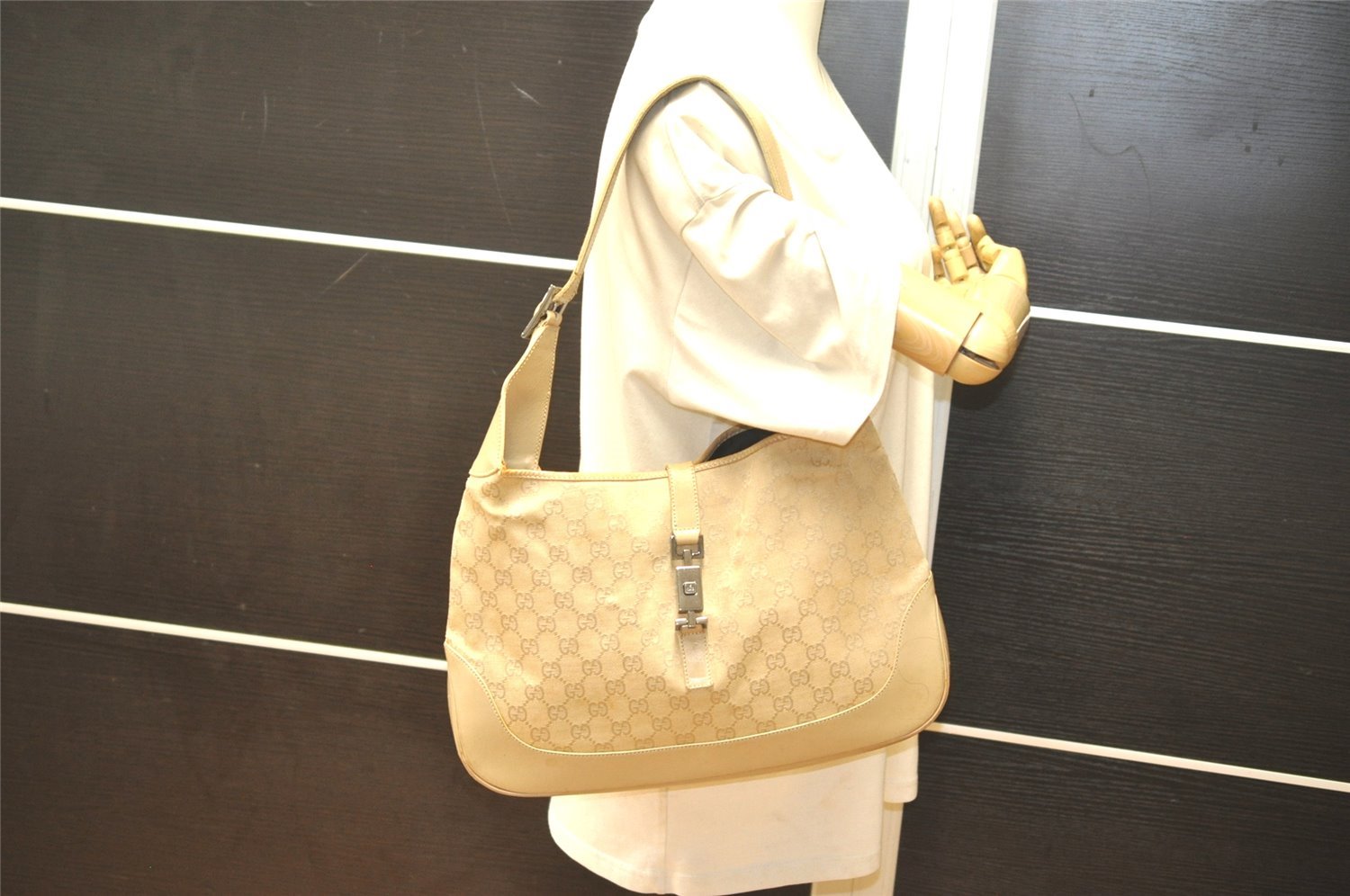 Authentic GUCCI Jackie Shoulder Hand Bag GG Canvas Leather 0013346 Beige 5812K