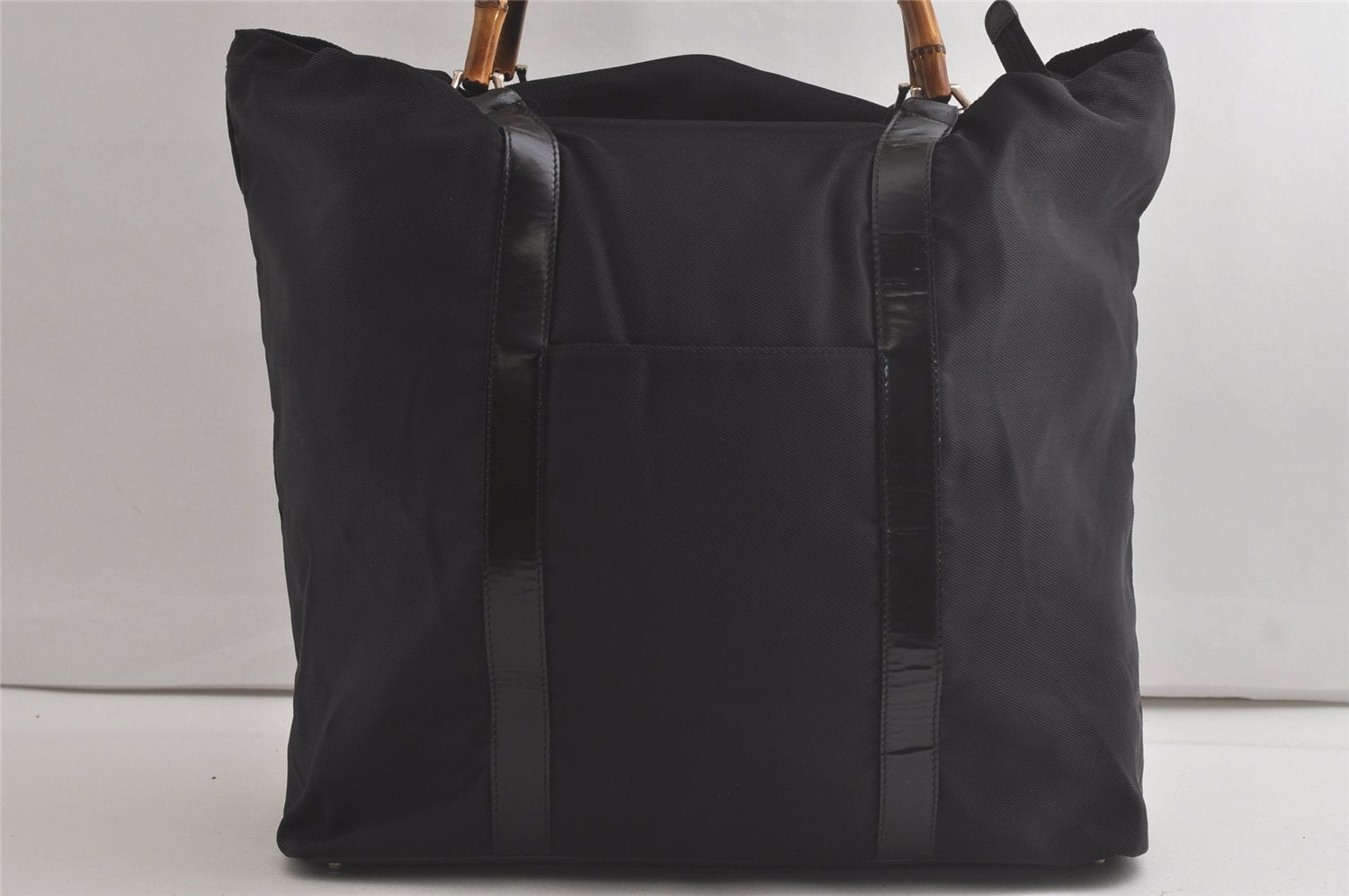 Authentic GUCCI Vintage Bamboo Shoulder Tote Bag Nylon Leather Black 5817K
