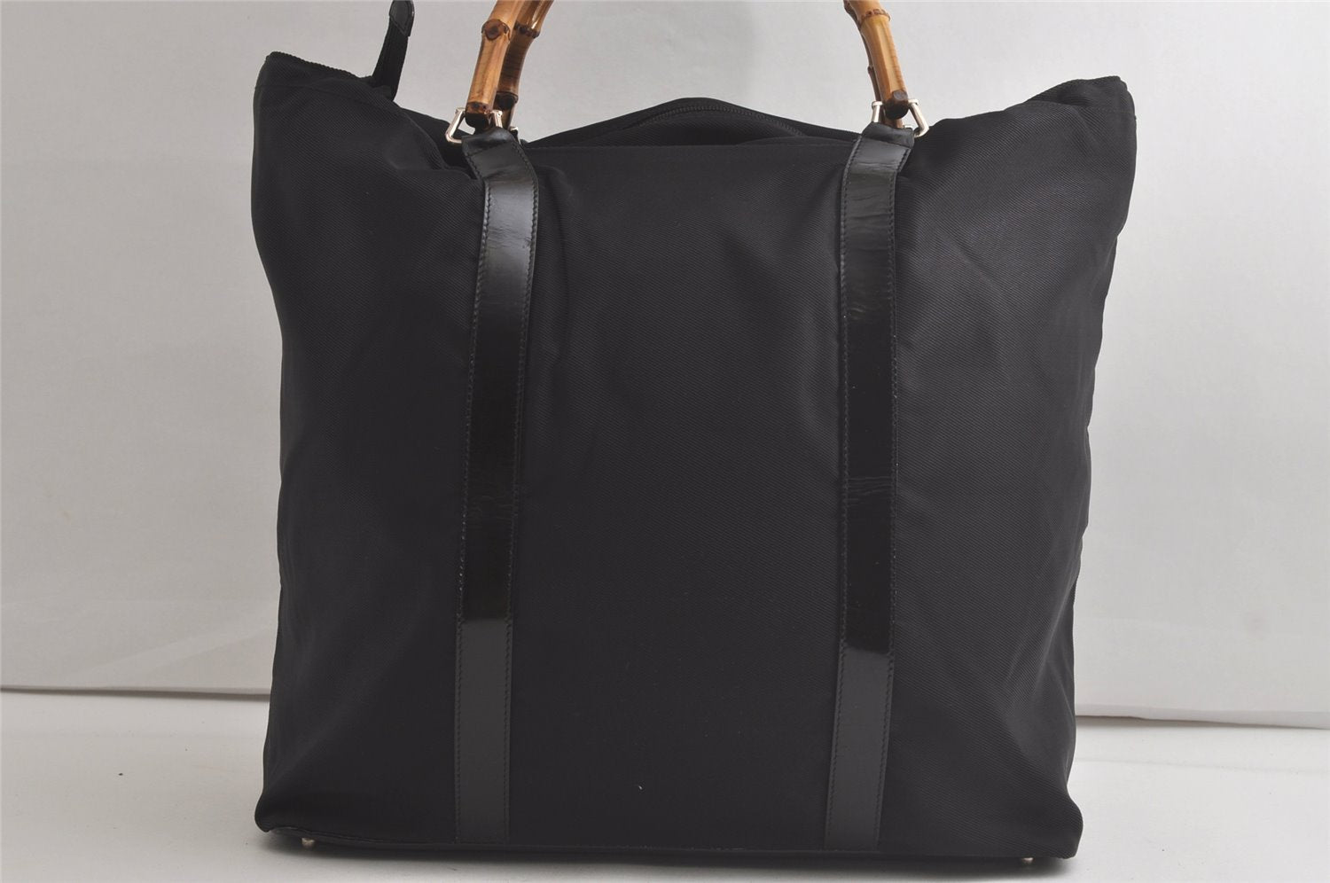Authentic GUCCI Vintage Bamboo Shoulder Tote Bag Nylon Leather Black 5817K