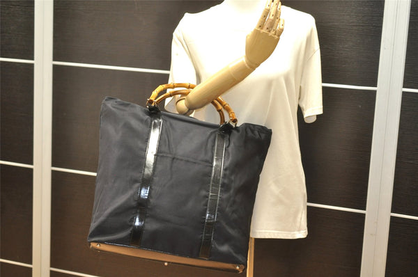 Authentic GUCCI Vintage Bamboo Shoulder Tote Bag Nylon Leather Black 5817K