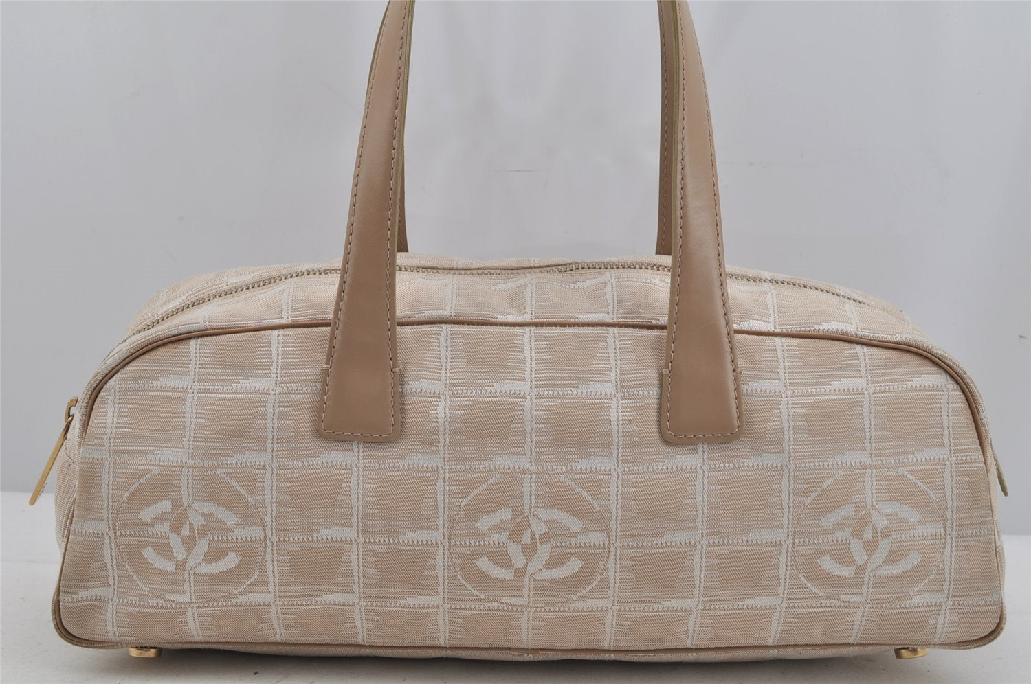Authentic CHANEL New Travel Line Hand Boston Bag Purse Nylon Leather Beige 5829J