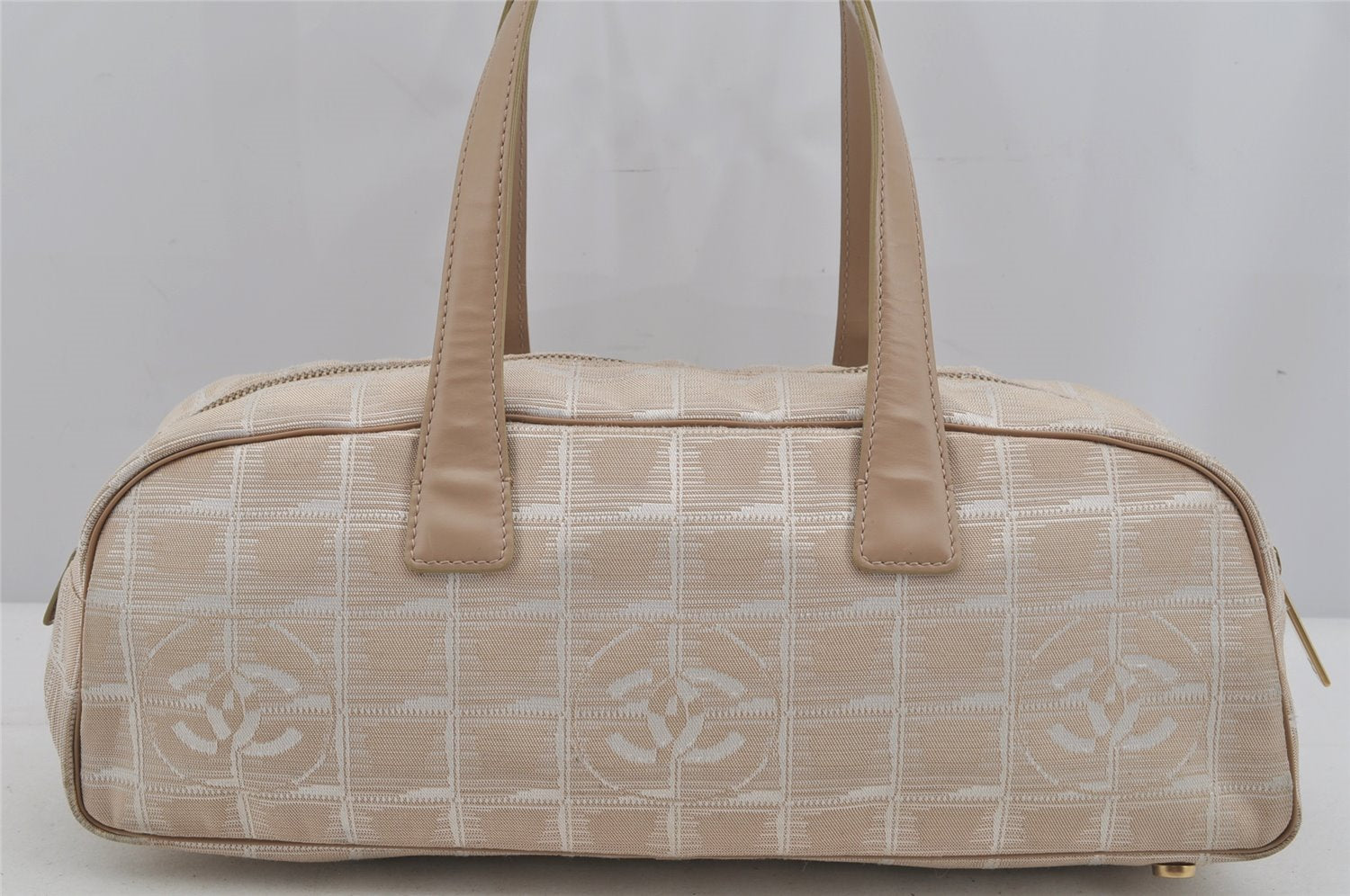 Authentic CHANEL New Travel Line Hand Boston Bag Purse Nylon Leather Beige 5829J