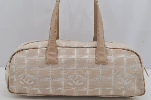 Authentic CHANEL New Travel Line Hand Boston Bag Purse Nylon Leather Beige 5829J