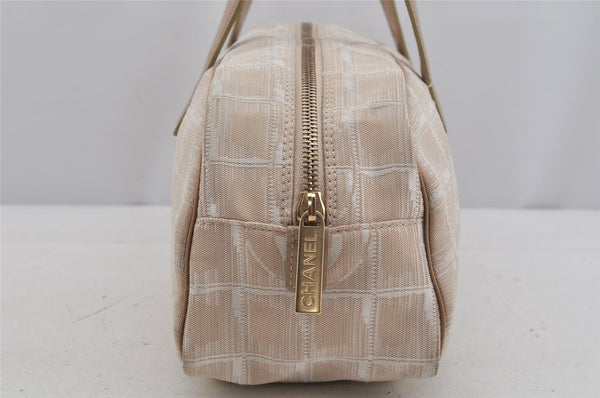 Authentic CHANEL New Travel Line Hand Boston Bag Purse Nylon Leather Beige 5829J