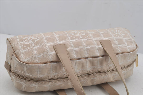 Authentic CHANEL New Travel Line Hand Boston Bag Purse Nylon Leather Beige 5829J