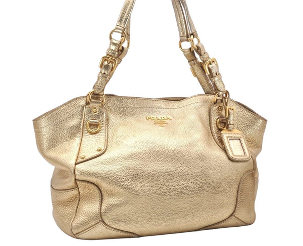 Authentic PRADA Vintage Leather Shoulder Tote Bag Gold 5830K