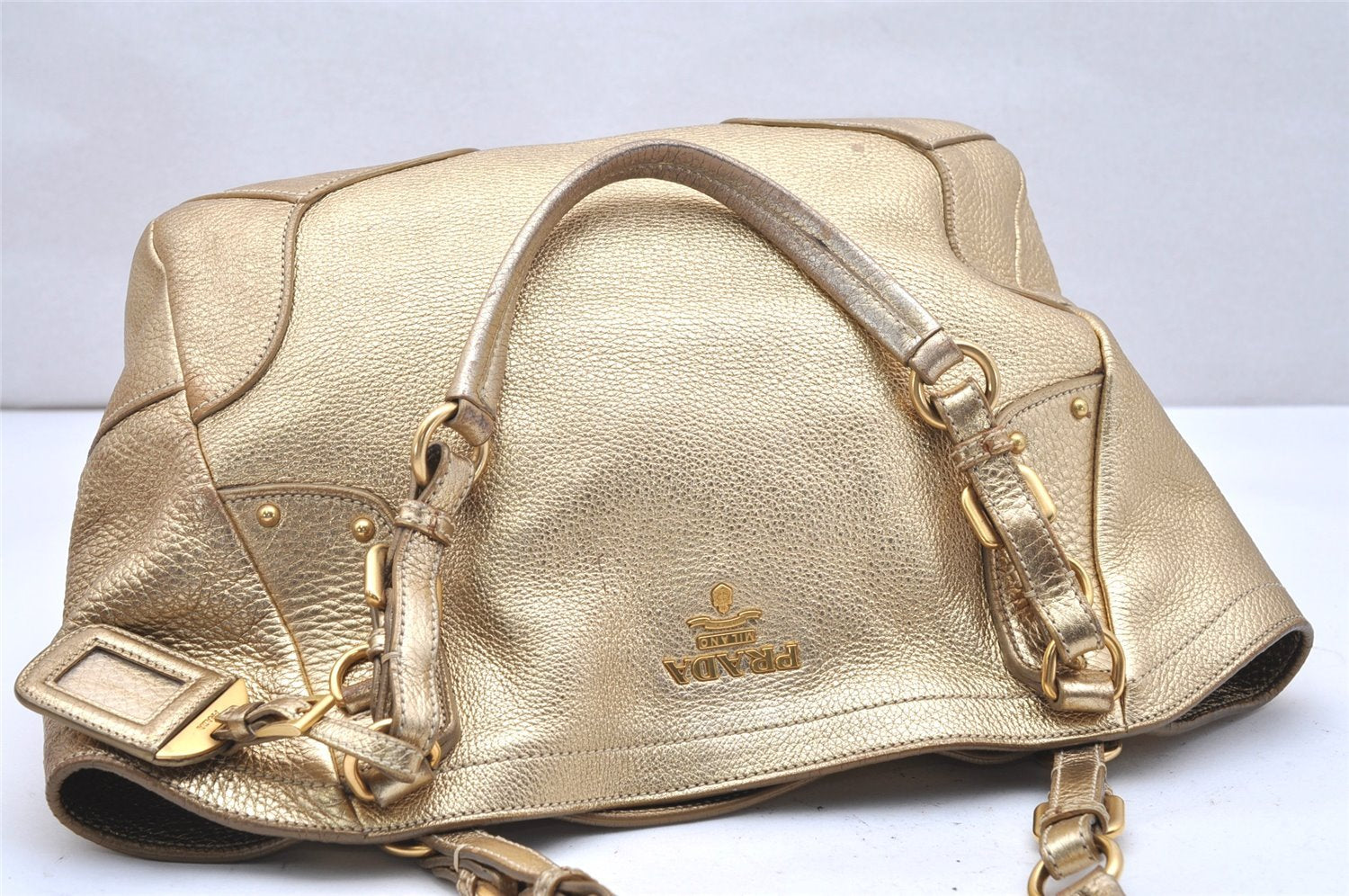 Authentic PRADA Vintage Leather Shoulder Tote Bag Gold 5830K