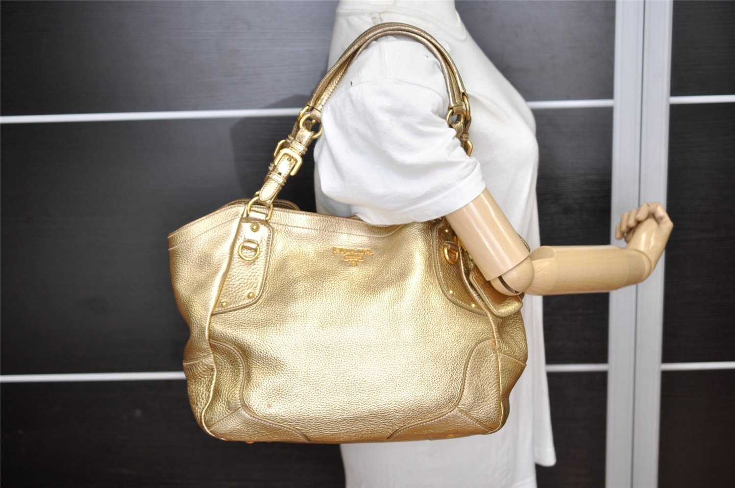 Authentic PRADA Vintage Leather Shoulder Tote Bag Gold 5830K