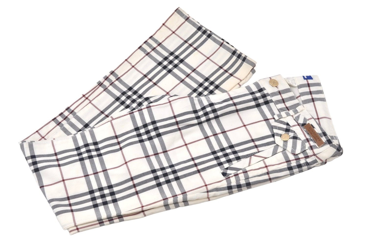 Authentic BURBERRY BLUE LABEL Check Pants Canvas Leather USA Size 36 White 5832K