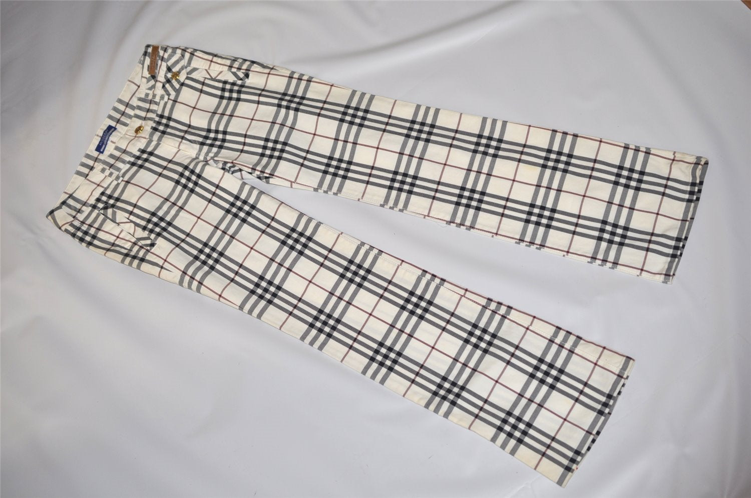 Authentic BURBERRY BLUE LABEL Check Pants Canvas Leather USA Size 36 White 5832K