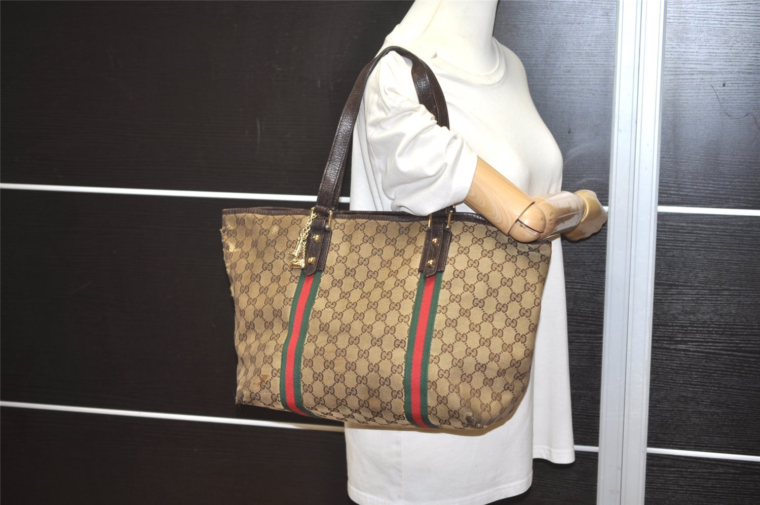 Authentic GUCCI Web Sherry Line Tote Bag GG Canvas Leather 139260 Brown 5835I