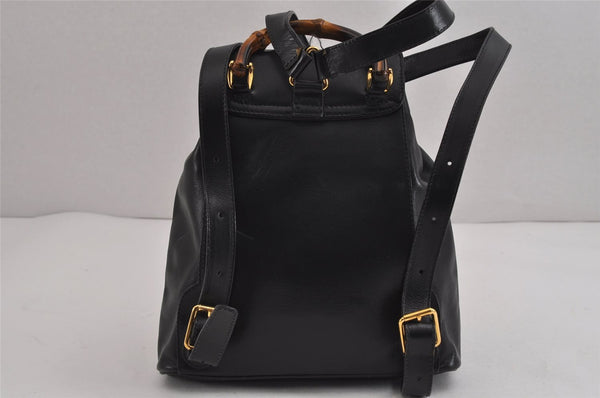 Authentic GUCCI Vintage Bamboo Drawstring Backpack Leather Black 5835J