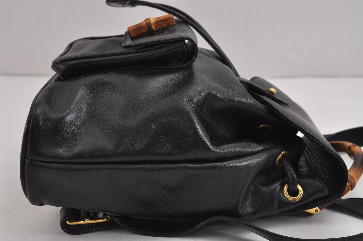 Authentic GUCCI Vintage Bamboo Drawstring Backpack Leather Black 5835J