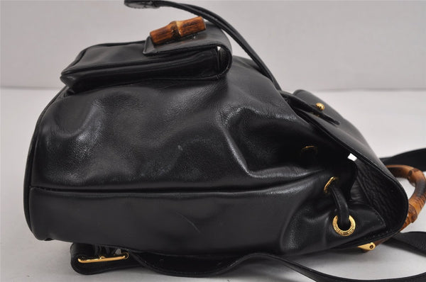 Authentic GUCCI Vintage Bamboo Drawstring Backpack Leather Black 5835J