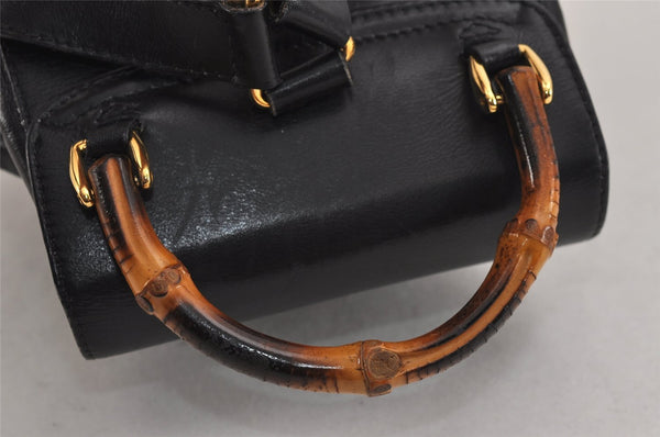 Authentic GUCCI Vintage Bamboo Drawstring Backpack Leather Black 5835J