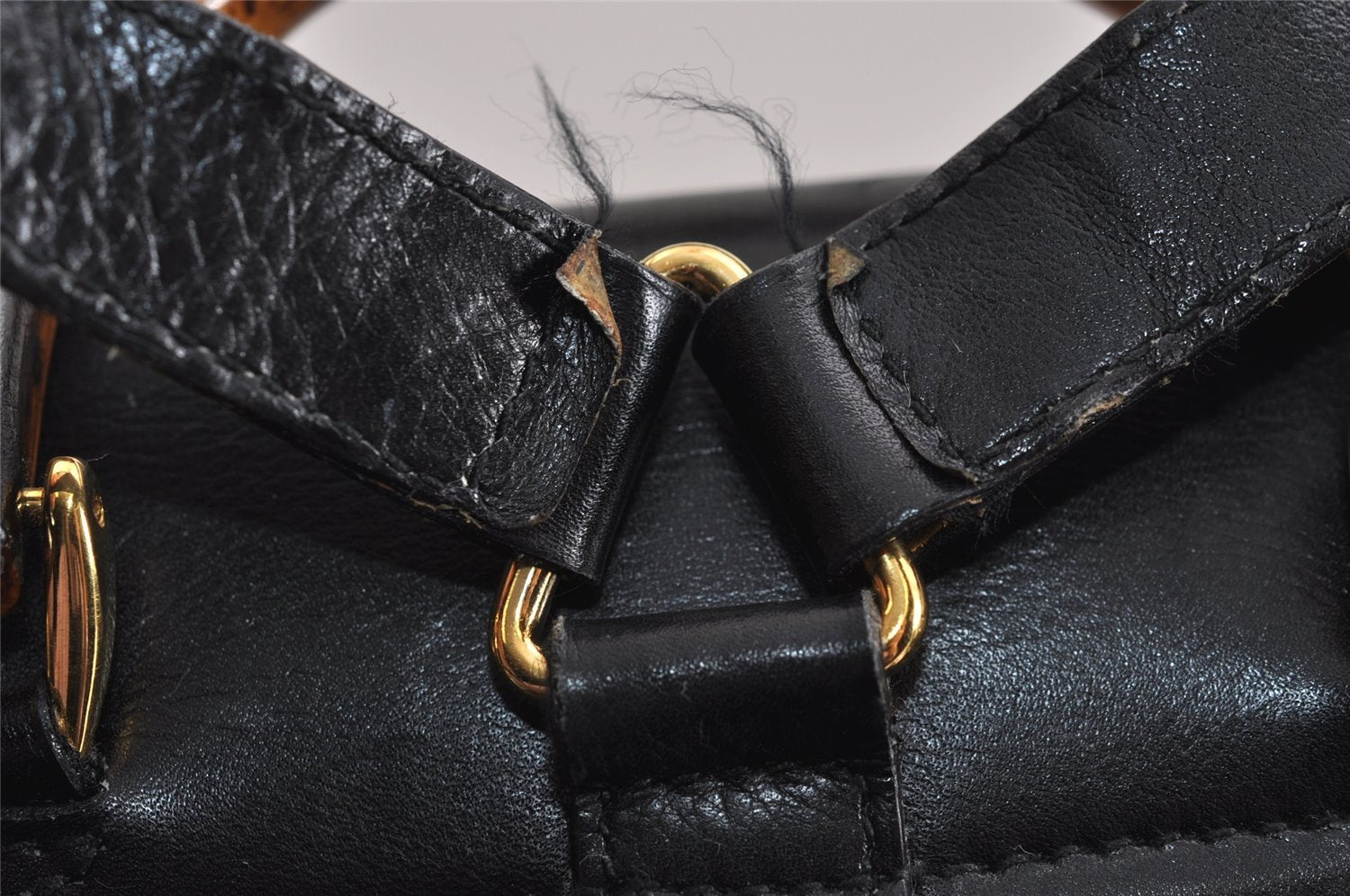 Authentic GUCCI Vintage Bamboo Drawstring Backpack Leather Black 5835J