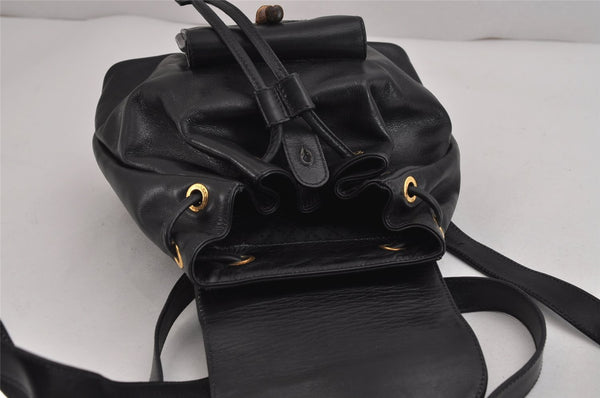 Authentic GUCCI Vintage Bamboo Drawstring Backpack Leather Black 5835J