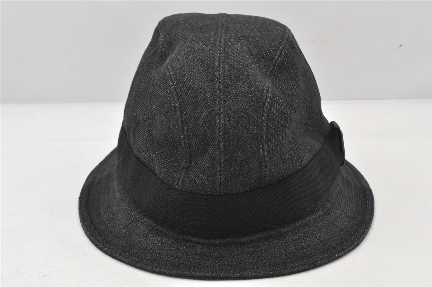 Authentic GUCCI Vintage Bucket Hat GG Canvas Leather Size L Black 5842K