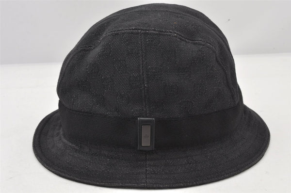 Authentic GUCCI Vintage Bucket Hat GG Canvas Leather Size L Black 5842K