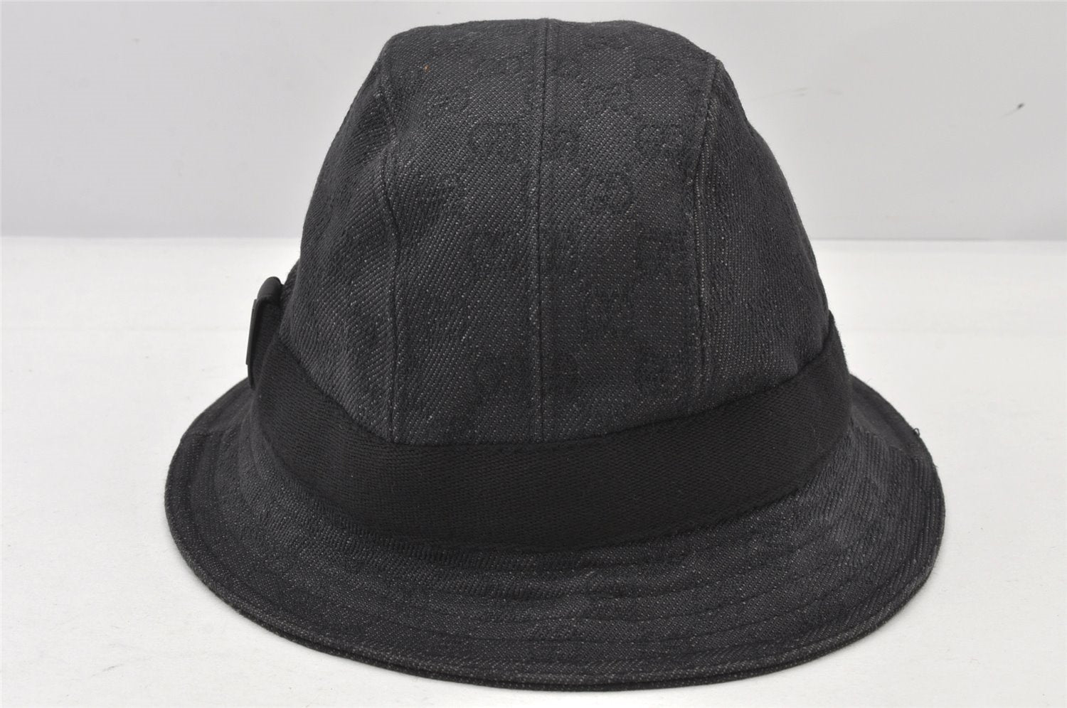 Authentic GUCCI Vintage Bucket Hat GG Canvas Leather Size L Black 5842K