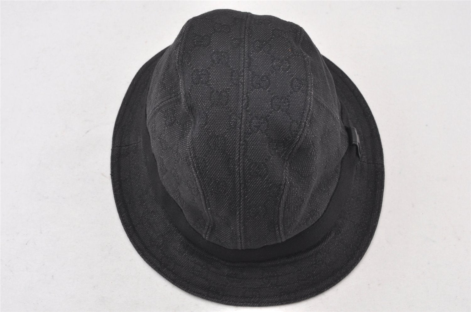 Authentic GUCCI Vintage Bucket Hat GG Canvas Leather Size L Black 5842K