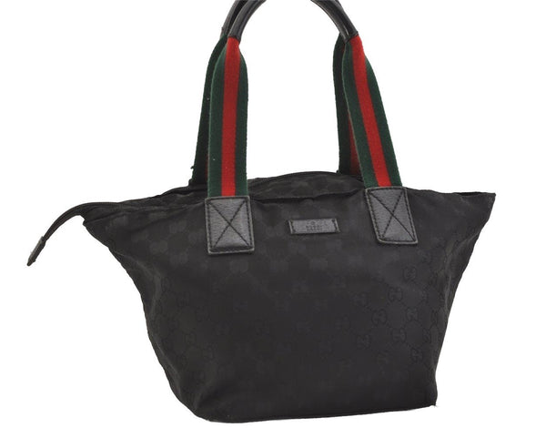 Authentic GUCCI Web Sherry Line Tote Hand Bag GG Nylon Leather Black 5853J
