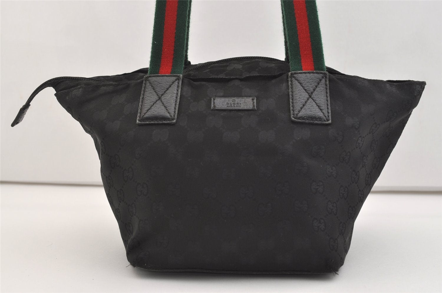 Authentic GUCCI Web Sherry Line Tote Hand Bag GG Nylon Leather Black 5853J