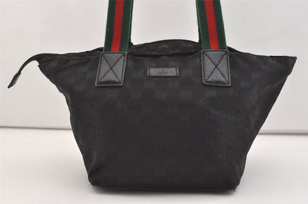 Authentic GUCCI Web Sherry Line Tote Hand Bag GG Nylon Leather Black 5853J