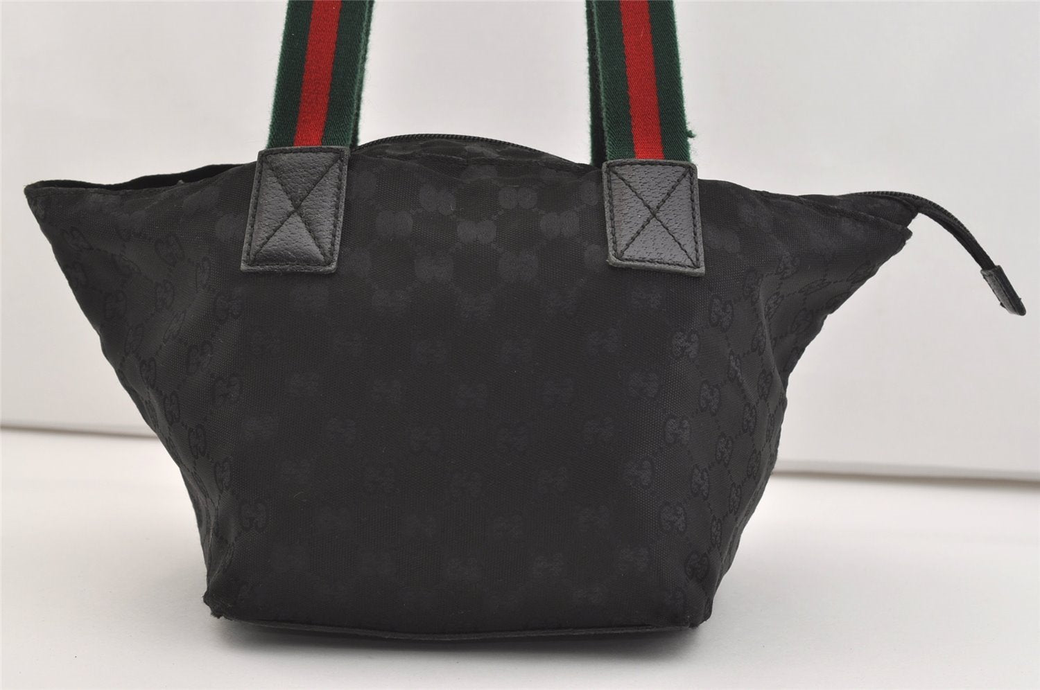 Authentic GUCCI Web Sherry Line Tote Hand Bag GG Nylon Leather Black 5853J