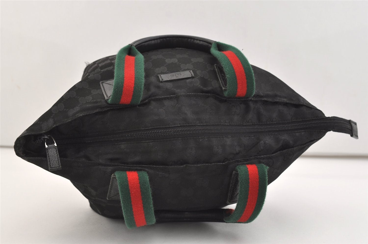 Authentic GUCCI Web Sherry Line Tote Hand Bag GG Nylon Leather Black 5853J