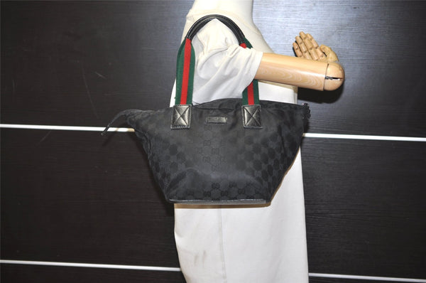 Authentic GUCCI Web Sherry Line Tote Hand Bag GG Nylon Leather Black 5853J