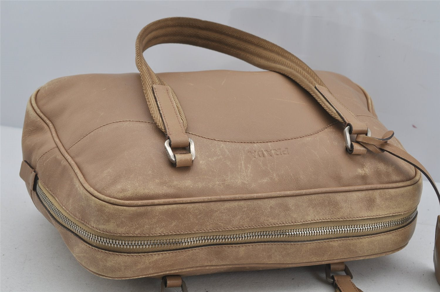 Authentic PRADA Vintage Leather Shoulder Hand Bag Beige 5855J